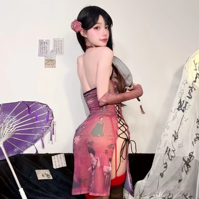 M-3XL Große Größe Erotische Cheongsam Frauen Qipao Kleid Spitze Up Hohe Schlitz Ärmellose Midi Chinesische Babydoll Party Cosplay Dessous