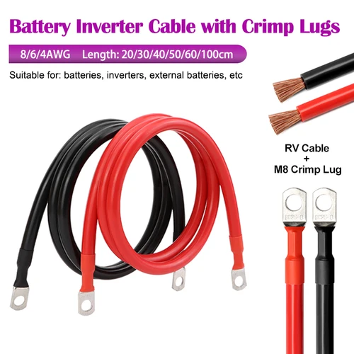 Cable inversor de batería RV Cable de cobre puro 8 6 4 AWG con terminal de cobre estañado M8 para sistema Solar Cable de conexión de coche UPS