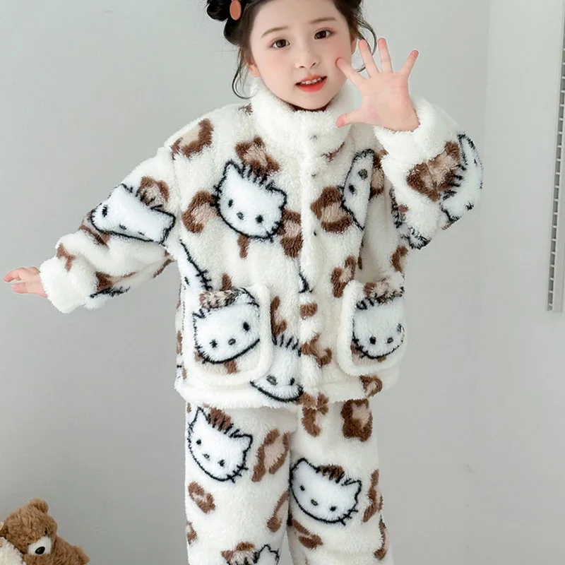 أنيمي مرحبا كيتي جديد الفانيلا ملابس المنزل لخريف شتاء لطيف ليوبارد طباعة سترة دعوى الطفل الدافئة الكرتون منامة دعوى