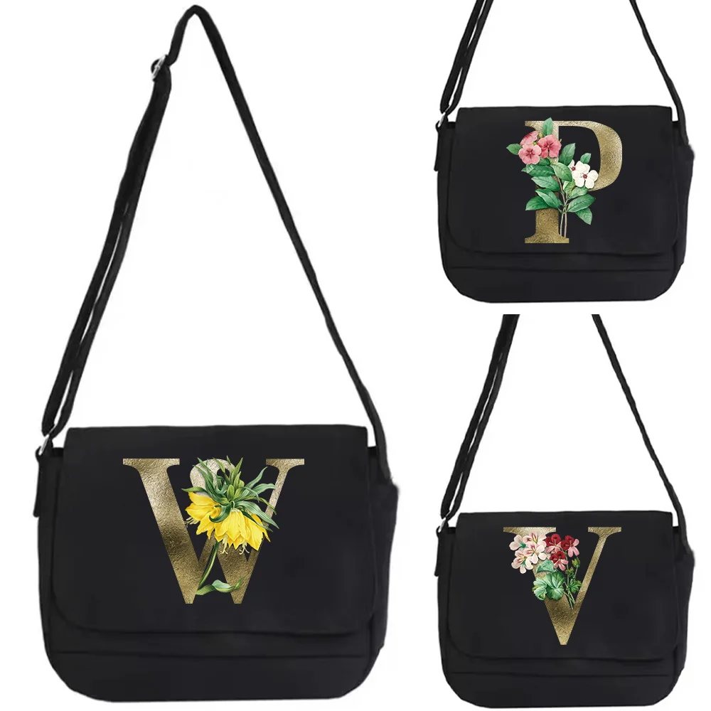 Men Outdoor Crossbody Tote Canvas Messenger Travel Bag Black Storage Handbag Women Shoulder Bag Golden flower Initial Name Print