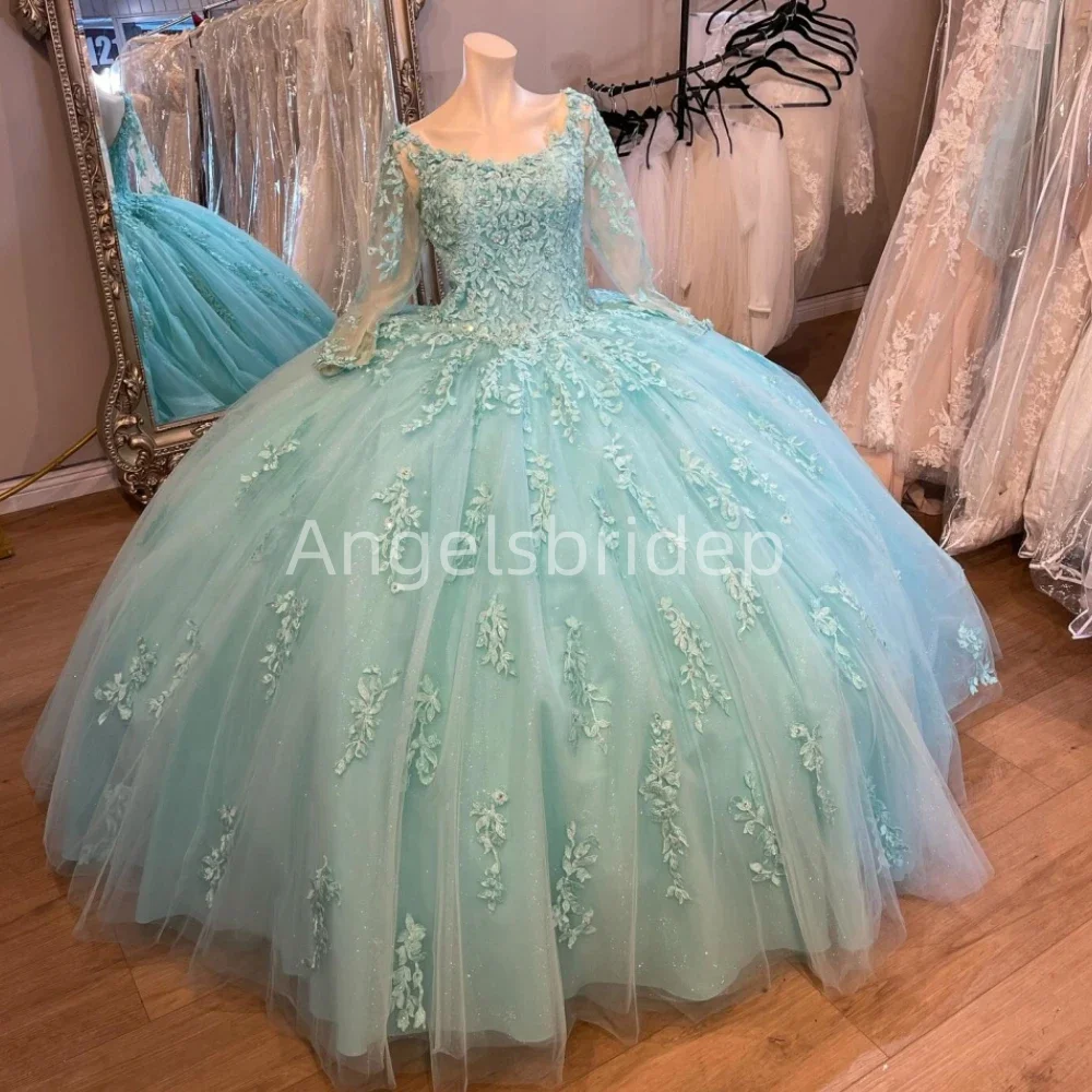 Angelsbride 2025 Aqua Green Ball gaun Quinnceanera gaun dengan renda applique lengan panjang renda kembali Vestidos De 15 Anos