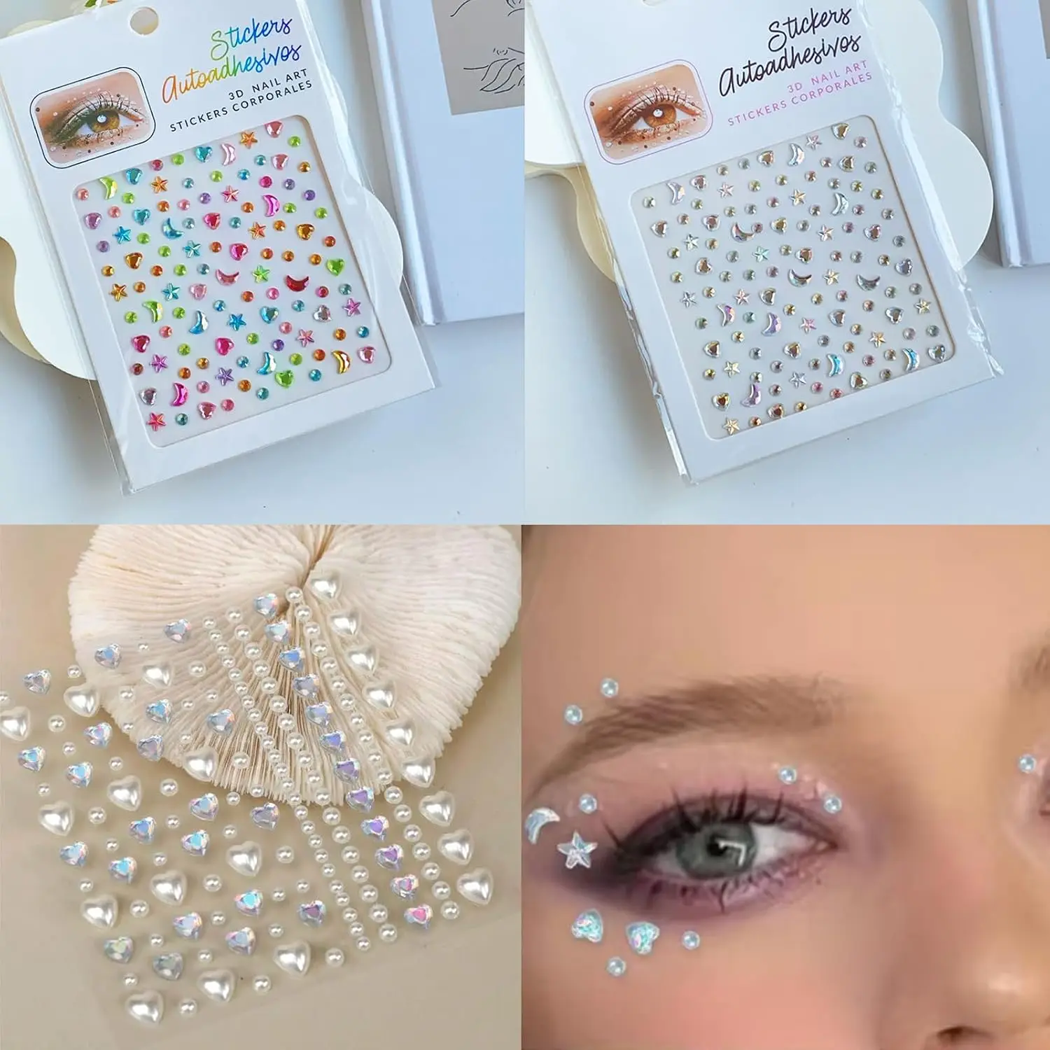 3Pcs Iridescent Face Jewels Sticker 3D Star Moon Heart Pearl Rhinestone Face Decor Festival Party Concert Stage Eye Face Makeup*