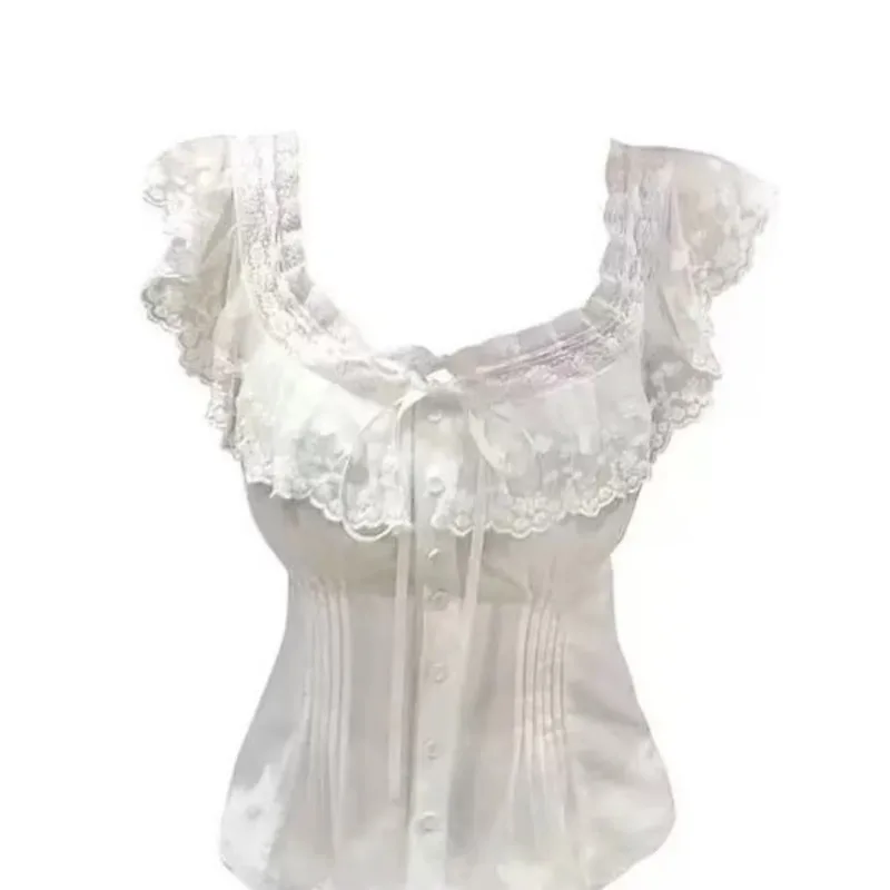 Women Summer Square Neck Lace Short Sleeve Top Sweet Kawaii Slim Fit Hot Girl Casual T-shirt New Arrival C