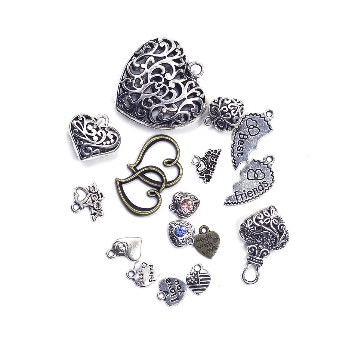 100PCS Love Theme Charm Pendants Mixed Heart 10-50mm Handicrafts Accessories DIY Gift Decoration Supplies Material Package