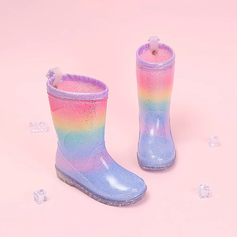 Four Seasons Cute Girls Rain Boots Rainbow Gradient Glitter Waterproof Non-Slip Toddler Kids Outdoor Rainy Day Shoes - view 5