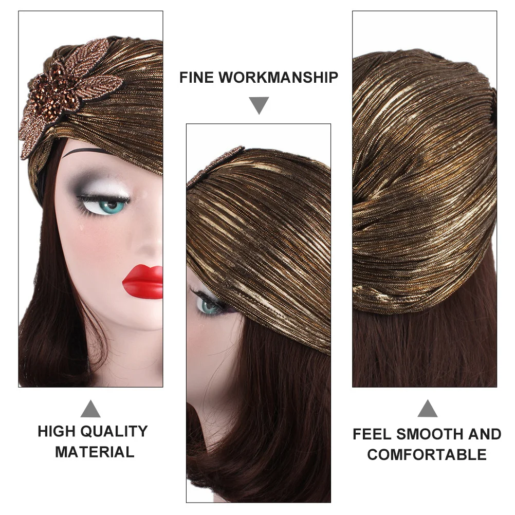 

1Pcs Lightweight Women Turban Hat Noble Style Gold Stamping Ruffled Delicate Head Wrap Indoor Outdoor Turban Hat