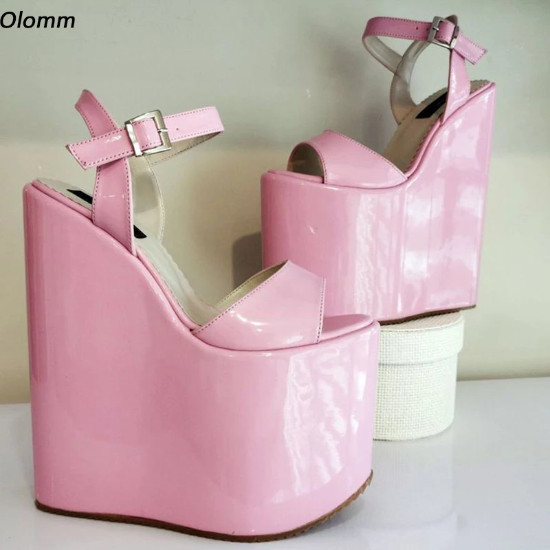

Olomm Handmade Women Platform Shiny Sandals Ultra High Wedges Heels Peep Toe Pretty Light Pink Club Shoes Ladies Size US 5-15
