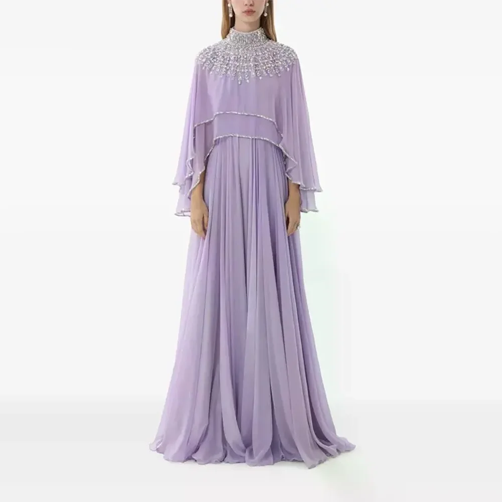 Lila Abendkleid, Stehkragen, lange Ärmel, Kristallperlen, luxuriöses Partykleid, A-Linie, Chiffon, bodenlang, Abendkleid, individuell gestaltet