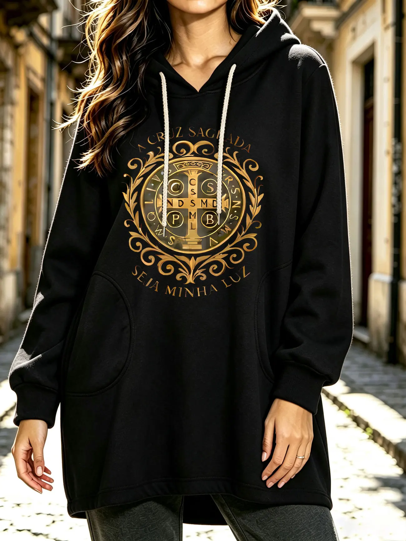 Women Autumn Winter Hoodie, Saint Benedict Medal Cross Pattern with A CRUZ SAGRADA SEIA MINHA LUZ Print Casual Hooded Sweatshir