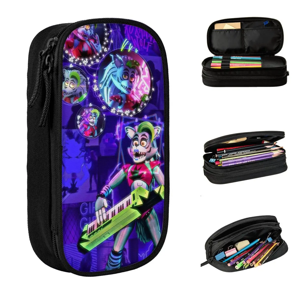 Estuches de lápices Roxanne Wolf, bolsa creativa para bolígrafos de juego Fnafed, suministros escolares de gran capacidad para estudiantes, estuche para lápices con cremallera
