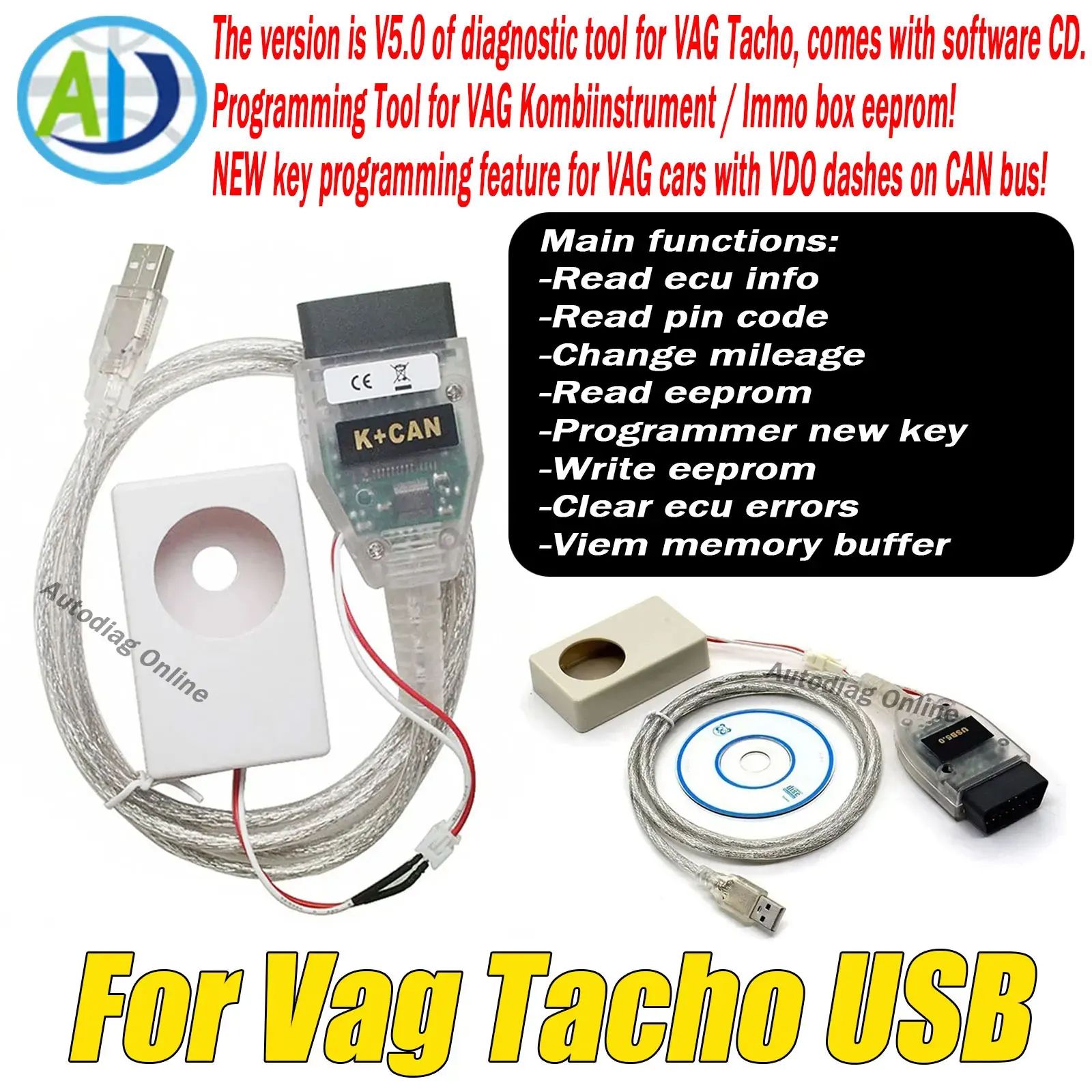 

For VW/SEAT/SKODA/AUDI Cars For Vagtacho USB V5.0 Version For NEC MCU 24C32 or 24C64 OBD2 Car Diagnostic Tool Key Programmer CAN