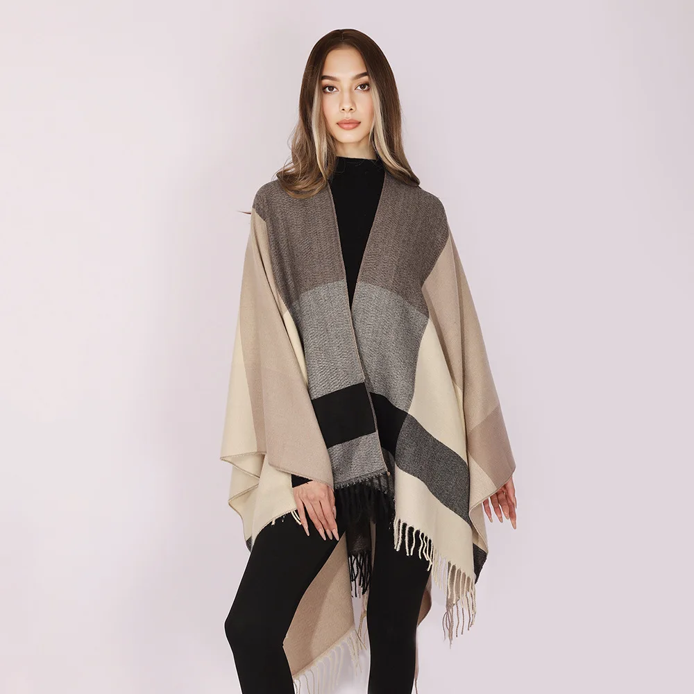 Fashion Vintage Contrast Color Blocks Stripes Acrylic Cashmere Poncho Shawl Unisex Spring Autumn Winter Cape Travel Cloak