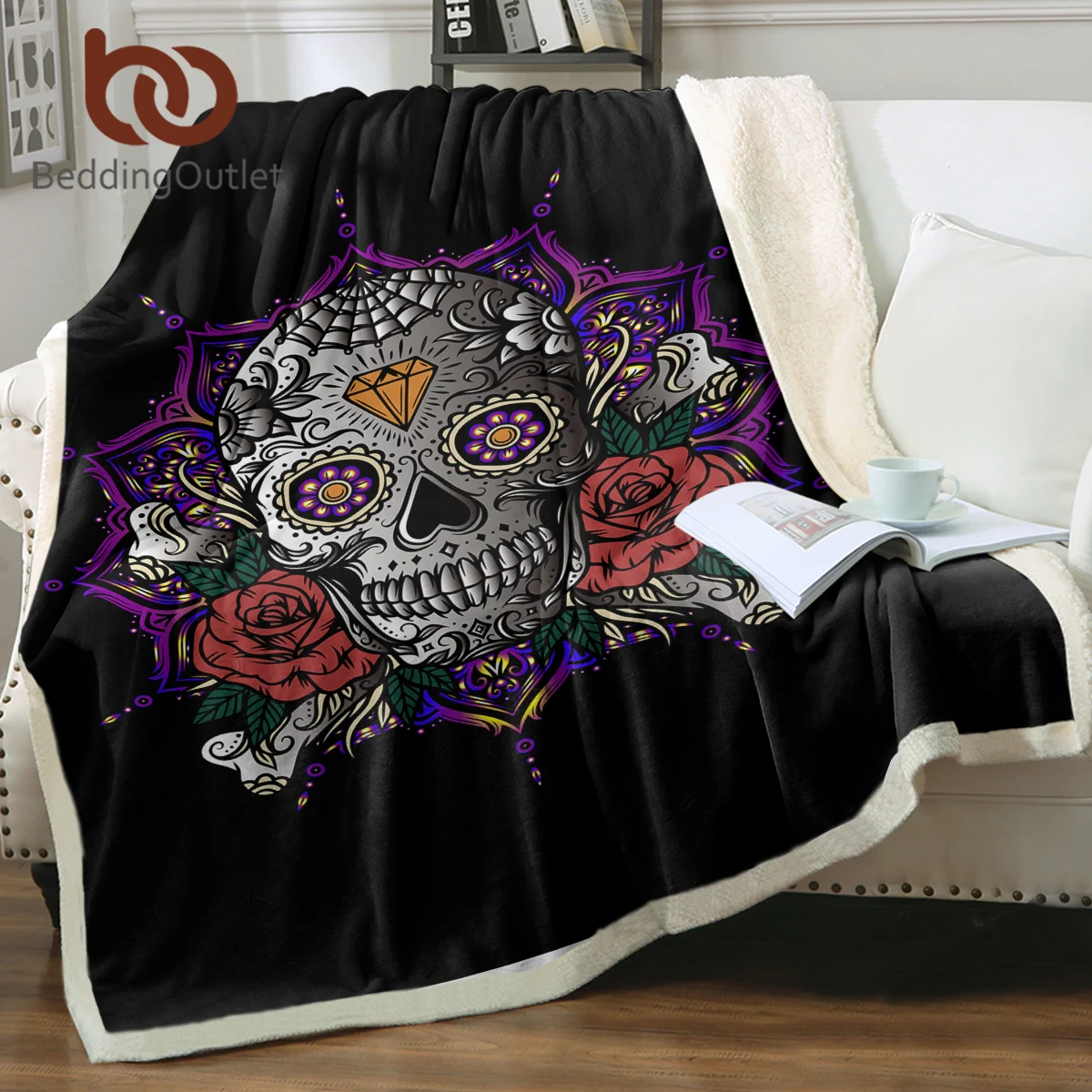 

BeddingOutlet 3D Colorful Flower Skull Sherpa Fleece Blanket For Sofa Bed Couch Best Office Bedroom Gifts Halloween Home Decor