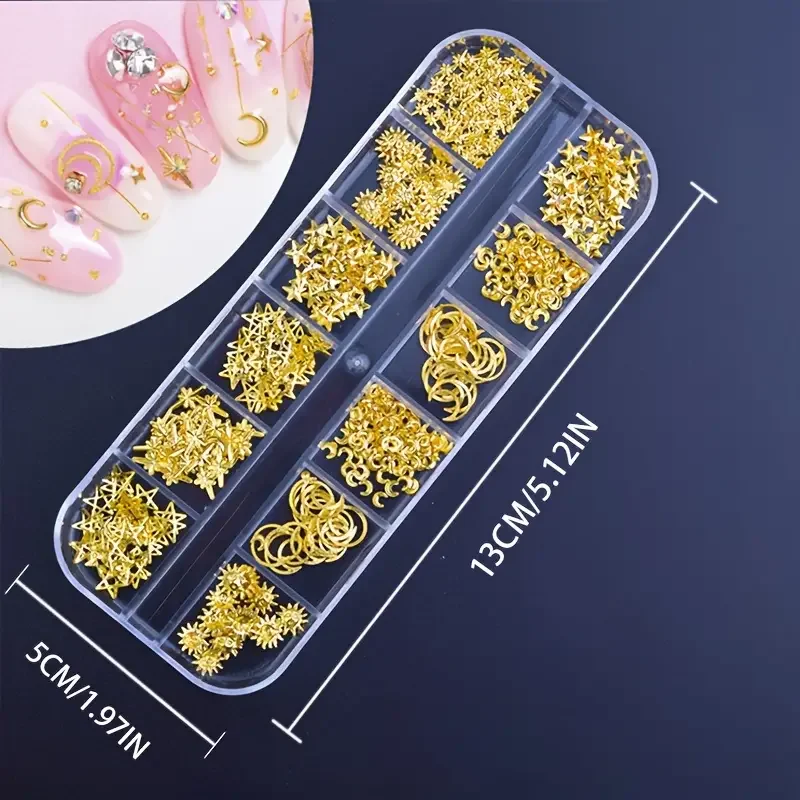 سحر الترتر مسمار معدني الذهب ، نصائح الفن مسمار 3D ل مانيكير الأعياد ، القمر ونجمة الأظافر #2