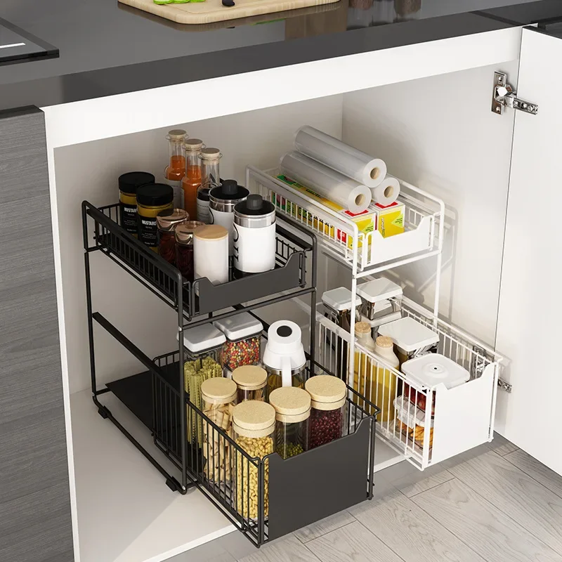 Lower sink kitchen supplies storage rack, cabinet folding storage rack, floor-to-ceiling push-pull, kitchen rack
