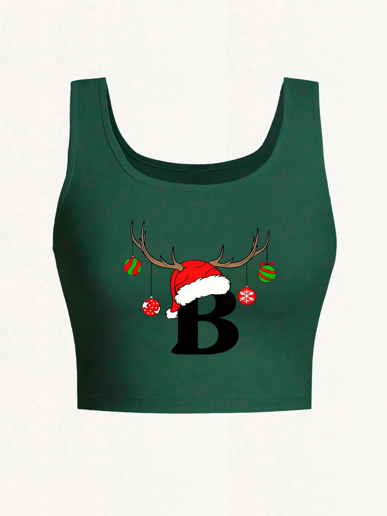 A Sleeveless Short Top with a Deep Round Neckline, Featuring a Christmas Hat And Small Ball Print, Perfect