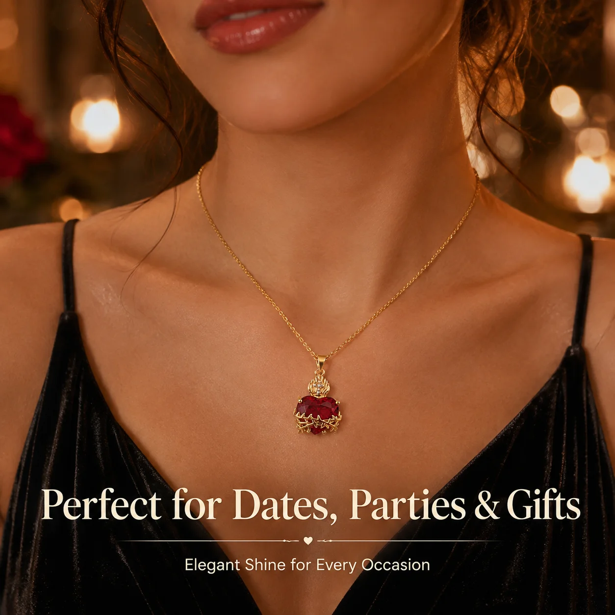 Christian Sacred Heart Necklace for Women Red Zircon Pendant Gold Color Chain Religious Jewelry Party Gift Fashion Choker