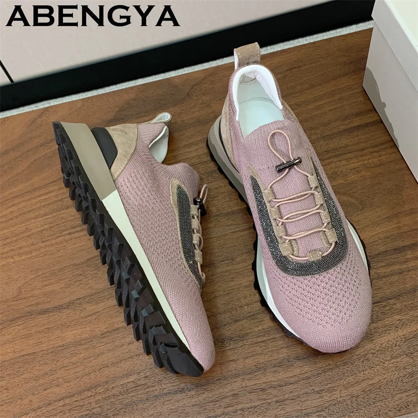 Women's Knitted Lace Up Casual Sneakers Flat Shoes Spring Summer Breathable Comfortable Trainers Shoes Oxfords Bottom Flat Shoes
