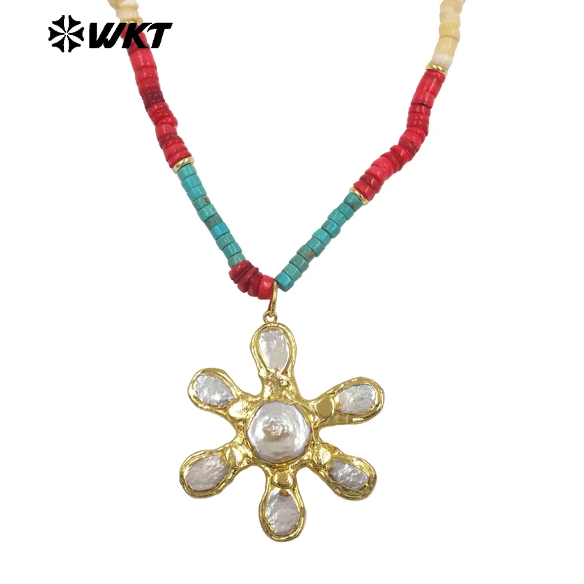 WT-JN402 Vacation Beach Vibe Colored Stone Beads Necklace With Freshwater Pearl 18k Gold Plated Pendants Chain