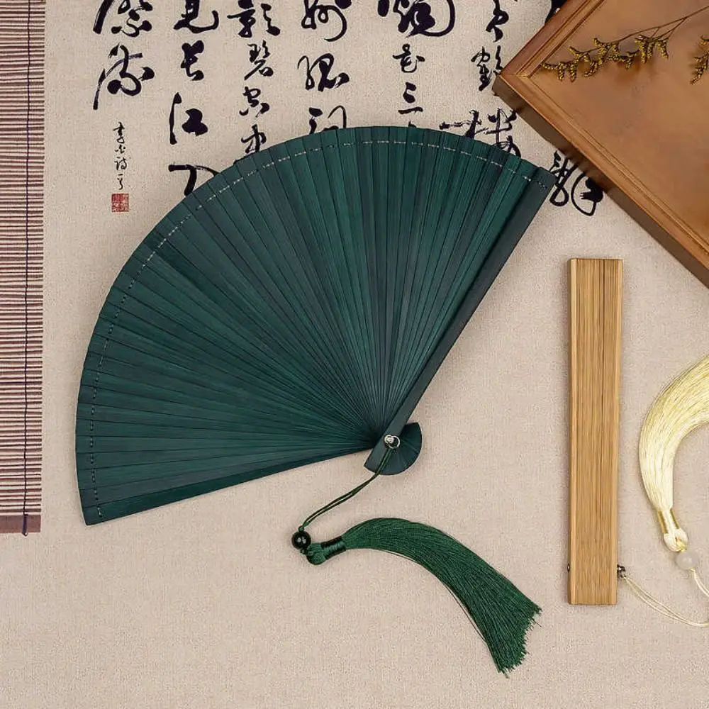 Chinese Style Solid Color Bamboo Fan Portable Retro Elegant Handheld Fans Classical with Random Tassel Kimono Fan
