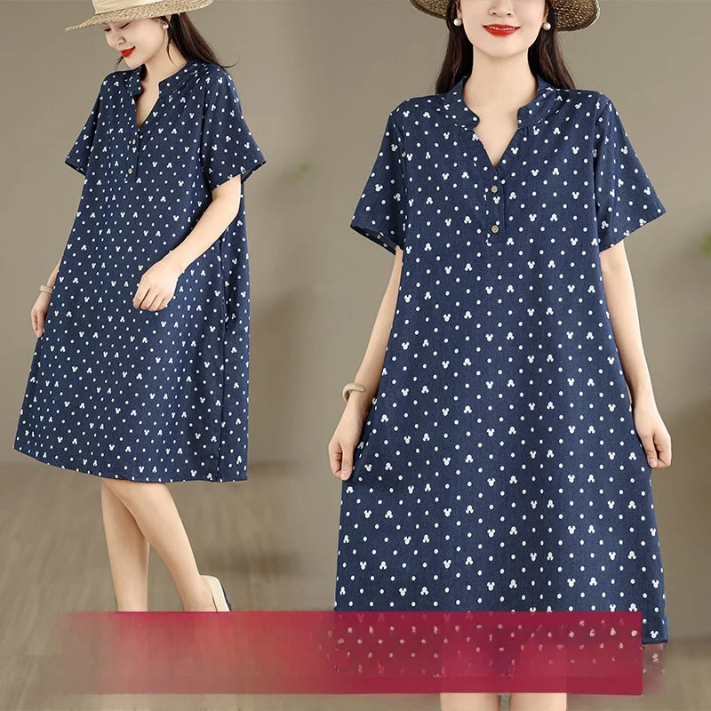 

Летнее новое платье из чистого хлопка с коротким рукавом, V-образным вырезом, тонкое, средней длины, удобное, из хлопкового денима, повседневное, для прогулок по городу