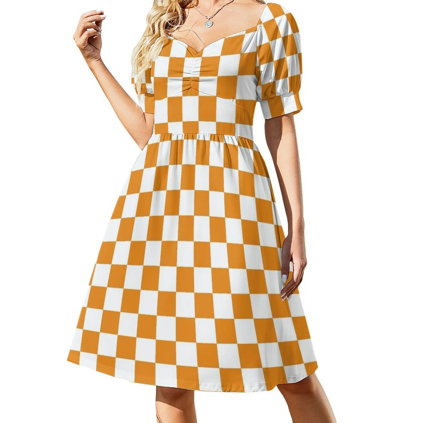 

Orange White Checkerboard Short Sleeved Dress chic and elegant woman dress summer dress woman 2025