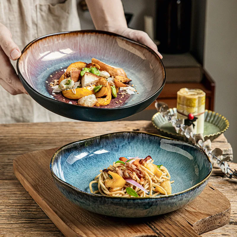 Japanese Kiln Change Ceramic Pasta Plate Large Soup Bowl Salad Serving Dish Dessert Fruit Plate Restaurant Tableware