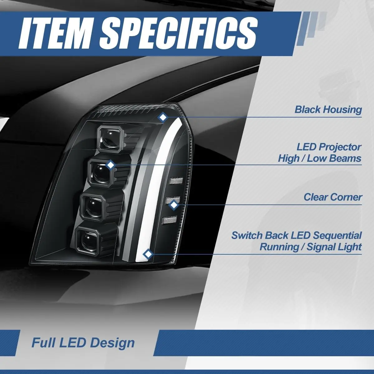 LED DRL Switchback Sequential Quad Square Projector Headlight Assembly for 2007-2014 Cadillac Escalade (Driver & Passenger Side)