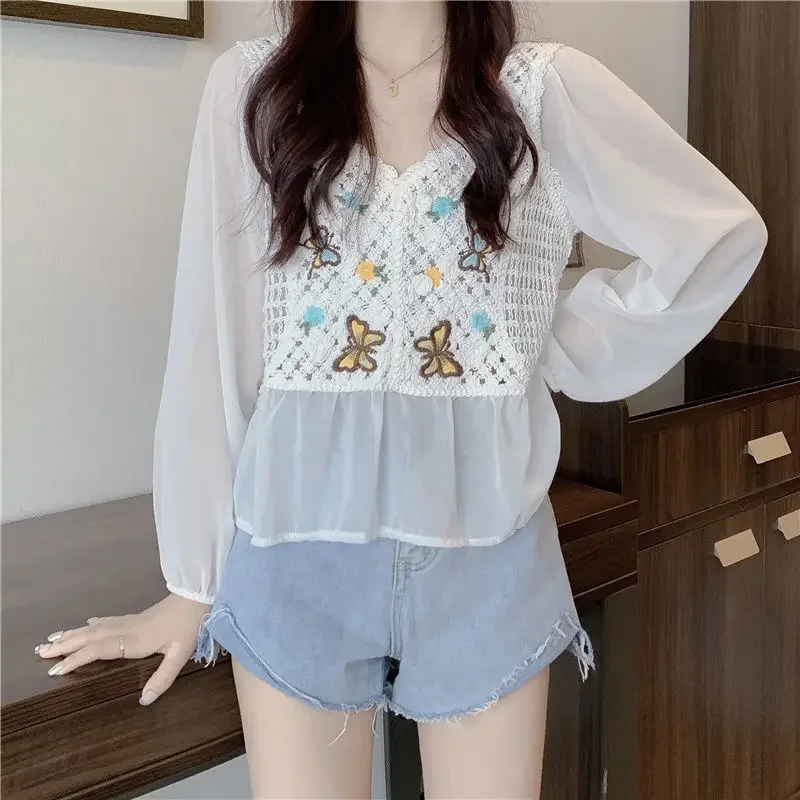 V-neck Shirt Long Sleeve Retro Chiffon Shirt Women Crop Tops Korean Fashion Jacket Summer Autumn Embroidery Crochet Streetwear