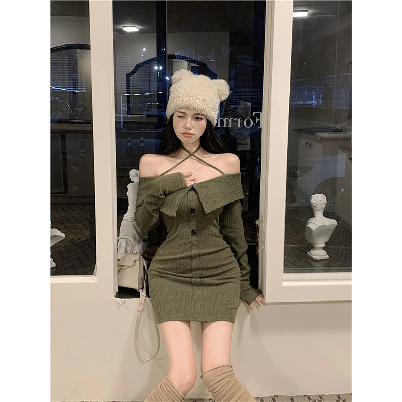 MEXZT Mini abito lavorato a maglia vintage da donna Sexy con spalle scoperte Abiti maglione all'americana Abiti invernali coreani a maniche lunghe aderenti Nuovo