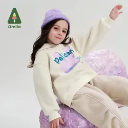 Amila Baby Sweater 2024 Winter New Style Girls Plus Velvet Warm Skin-Friendly Soft Cartoon Hooded Fresh Children's Pullover