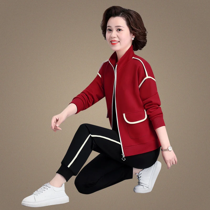 

Повседневный спортивный костюм для женщин среднего возраста, осень 2024, новинка, комплект из двух предметов, свободный крой, длинные брюки, застежка-молния