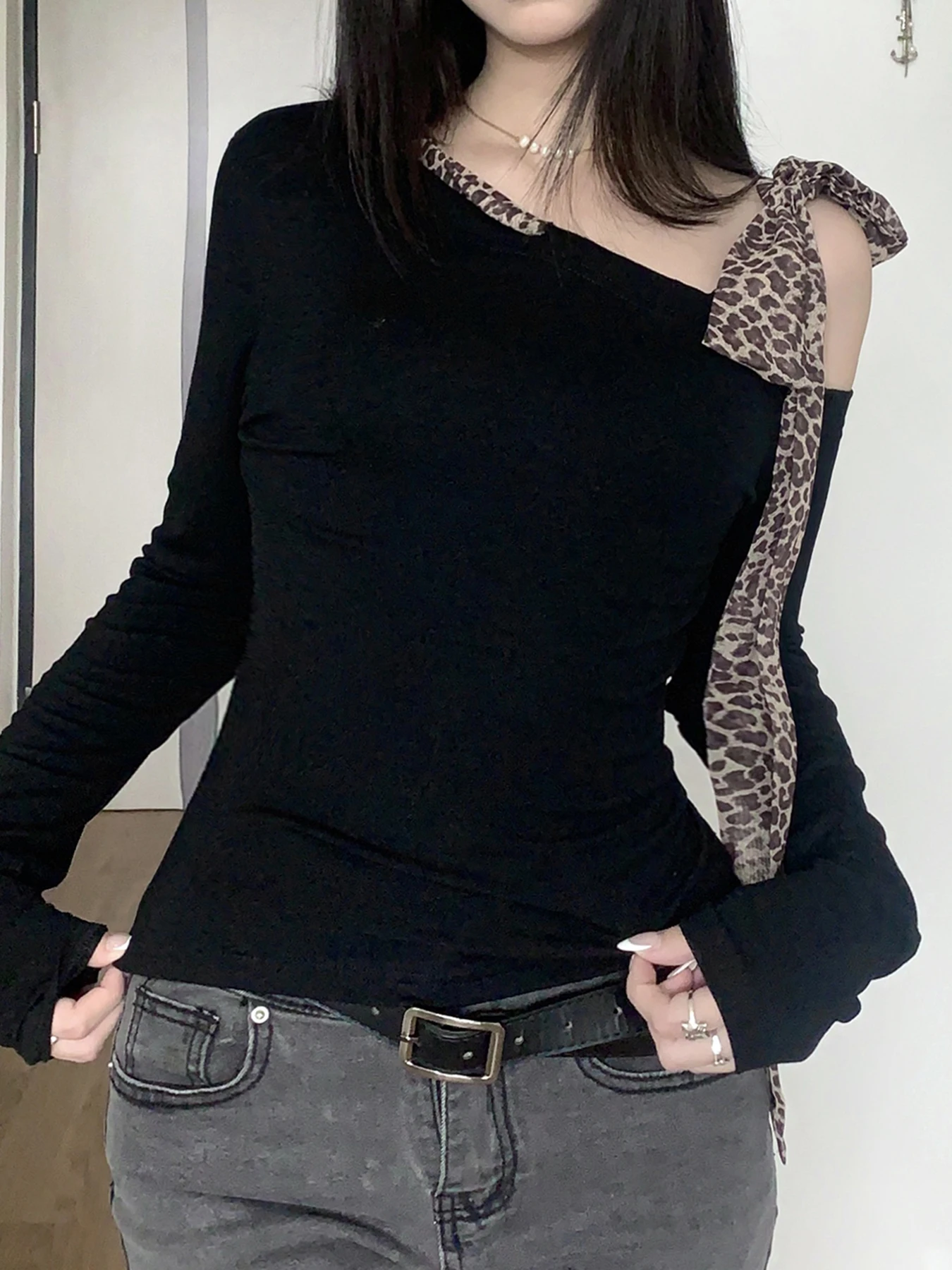 IAMSURE Casual Leopard Bow T Shirt Slim Bandage girocollo manica lunga Tees donna 2024 autunno primavera Fashion Streetwear Ladies