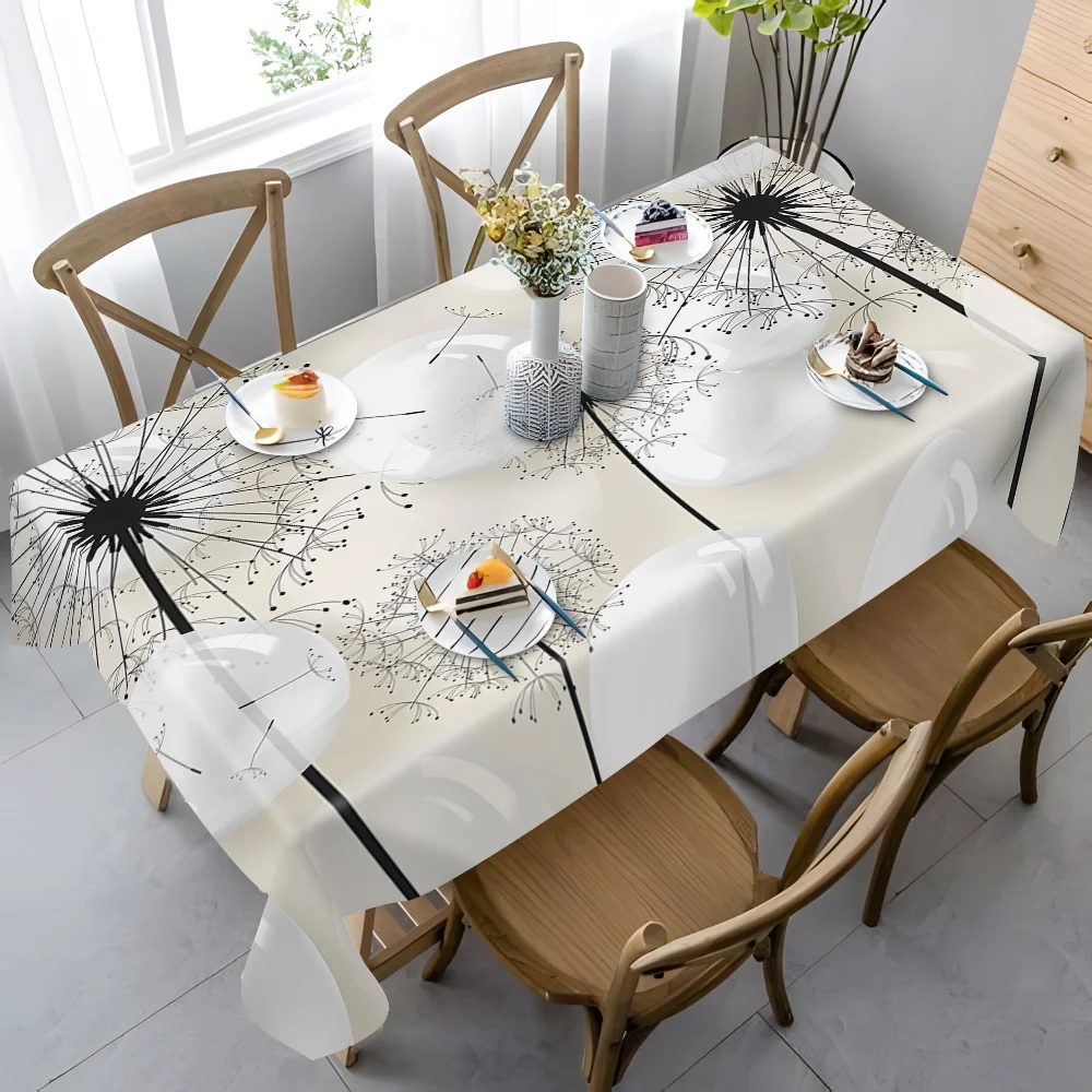 1pc 2D Flat Off White Background Black Dandelion Printed Tablecloth, Decorative Table Cover for Dining Table, Home Decor