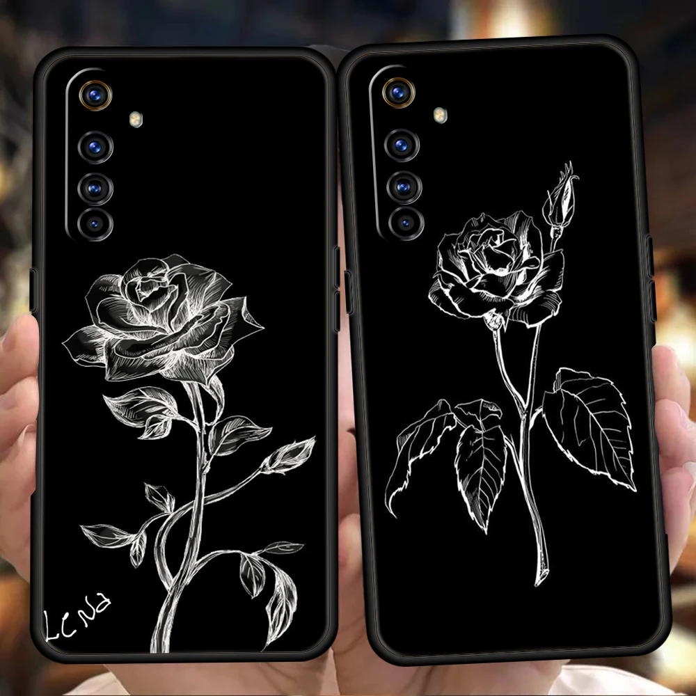 Black Flower Phone Case for Realme 8 9 Pro Plus 8i 9i 6 7 GT2 C21 C25 C3 C11 11 Pro 5G Plus Shockproof Silicone Shell Capas Bags