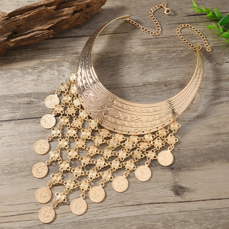 New Bold Punk Metal Floral Print Necklace Tassel Pendant Fashion Layered Jewelry Women's Statement Accessory view 4