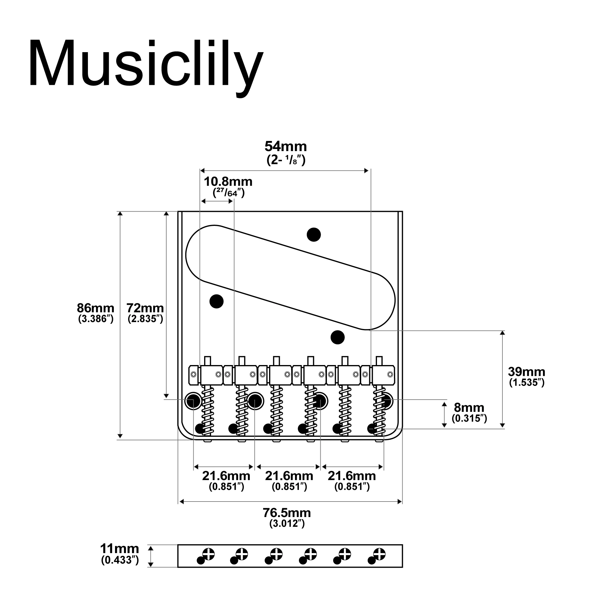 Musiclily Pro 54mm Vintage Tele Bridge with Barrel Brass 6-Saddle for Squier and Import Telecaster Style Electric Guitar, Black