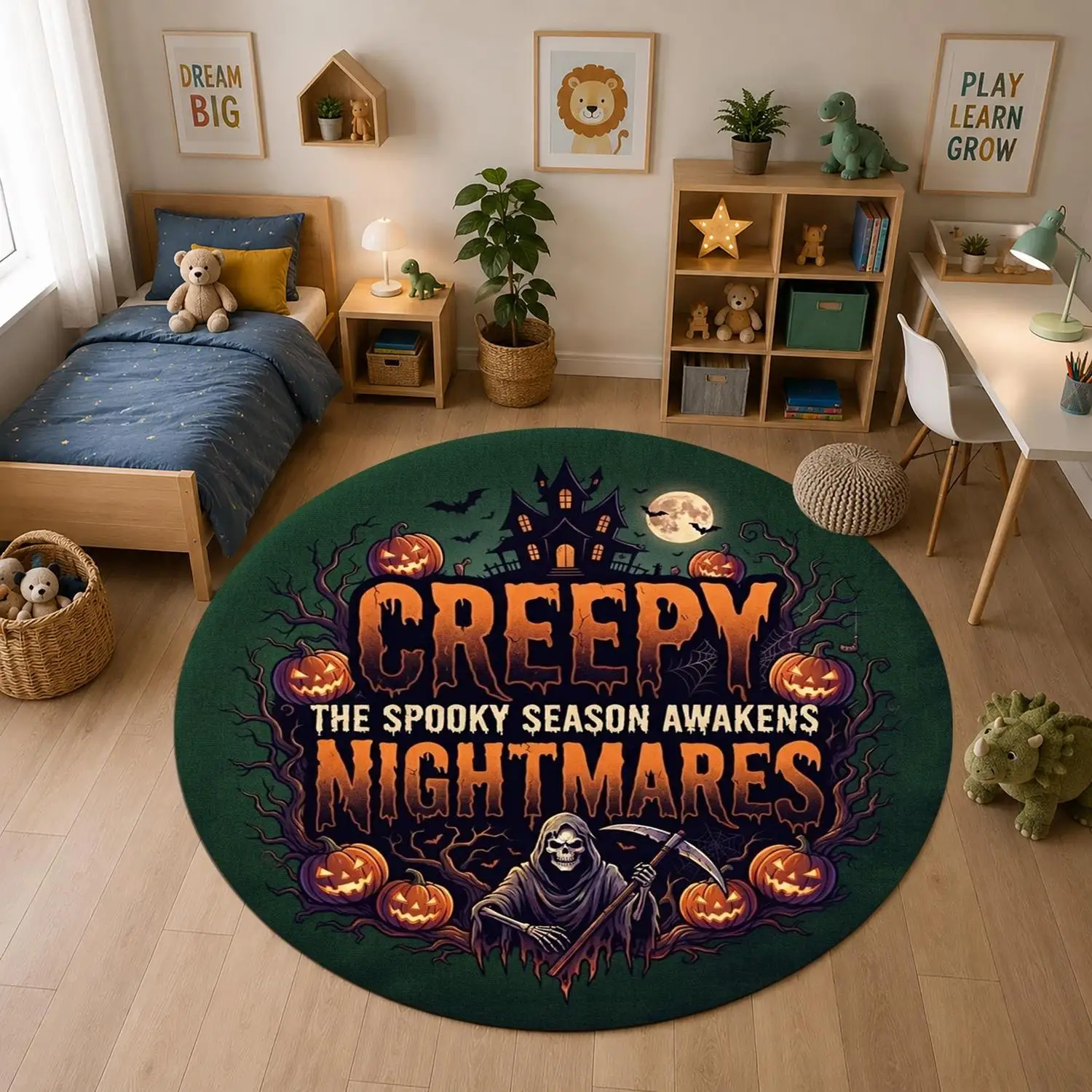【Room Decoration Carpet】Halloween Horror Nightmare Round Carpet, Quirky Pumpkin Grim Reaper Haunted House Gothic Seasonal Home Decoration