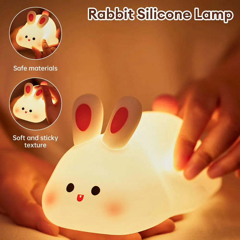 Cute LED Night Light Touch Sensor Cartoon Kid\'s Nightlights Big Face Rabbit Silicone Night Light Christmas Gift Bedside Lamp