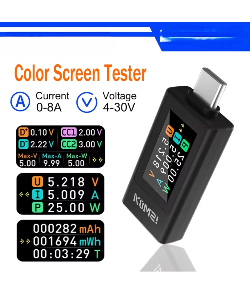 

NEW Type-C Tester 4-30V 0-8A Current Voltage Monitor Fast Charging Voltage Ammeter Power Meter with Power Off Storage