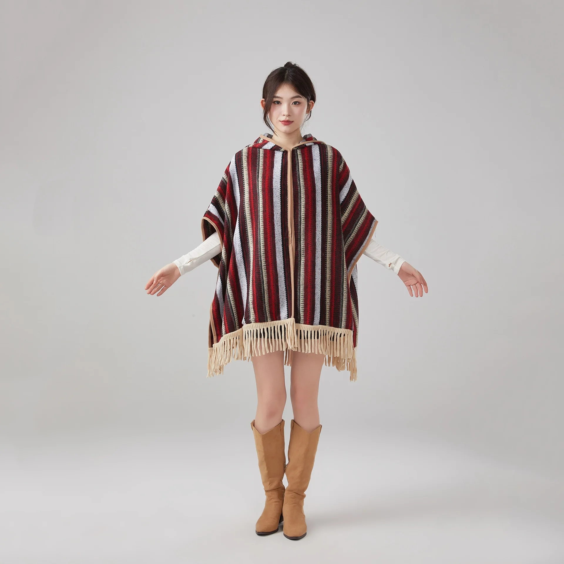 

Новый этнический стиль, полосатая накидка с кисточками и капюшоном, модный теплый шарф, накидка для женщин, плащ-пончо, подарок для девочек