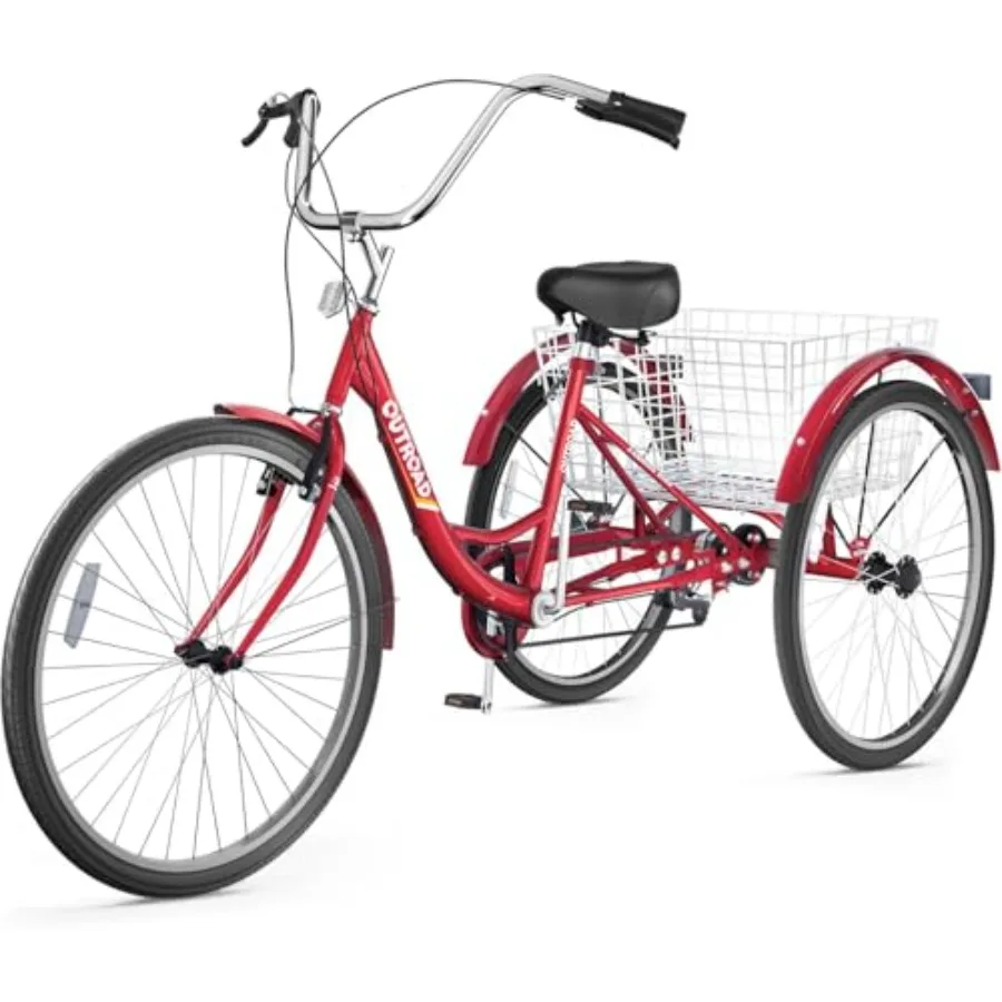 

Adult Tricycle 24 Inch 7-Speed Tricycle with Detachable Large Basket for Shopping Leisure Commuting Women Men Seniors Red Suita