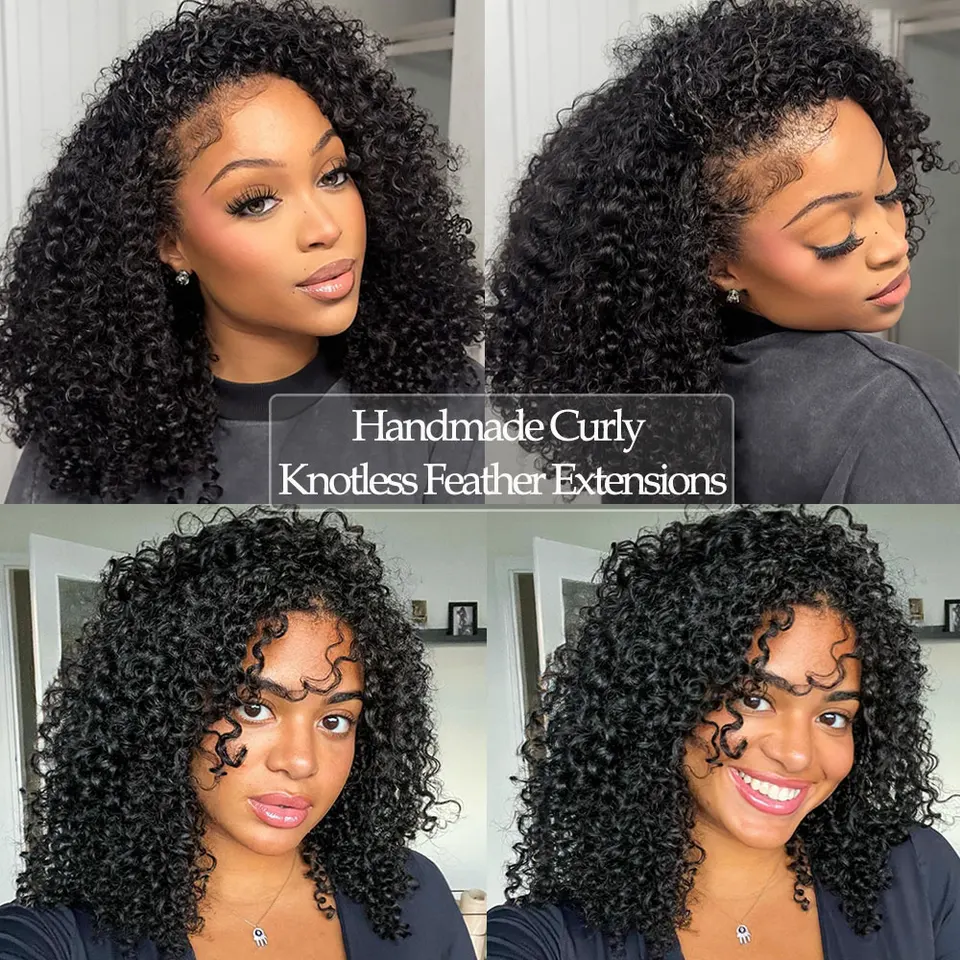 Cabello afro kinky birmano curly crochet humano sin nudos, pre-separado, extensiones de cabello con plumas, 100% humano 6
