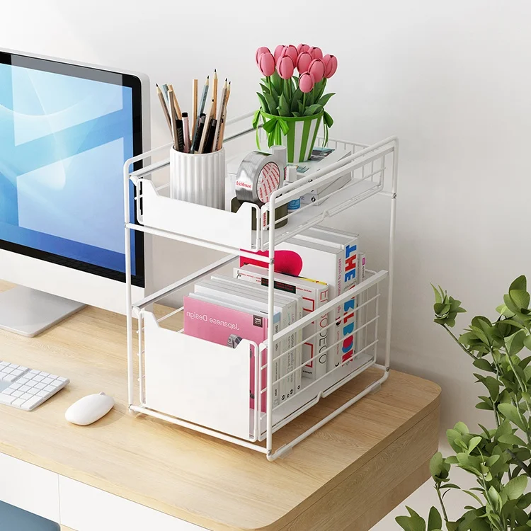 Double-layer Multifunctional Office Desk File Storage Rack Upgraded Foldable and Push-pull Metal Living Room Iron Round Straw