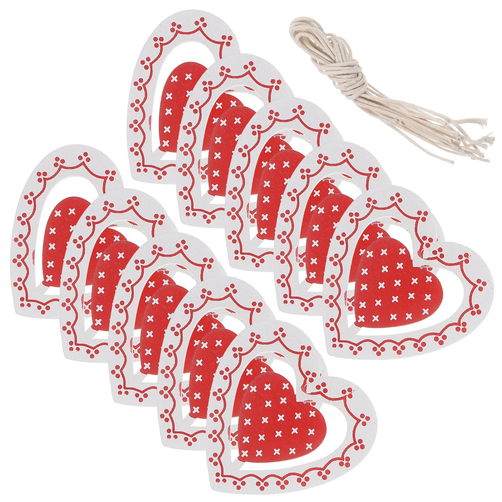 

10Pcs Wooden Christmas Tree Hanging Pendant Red Love Heart Shape Mini Ornament Rope Christmas Home Party Decor