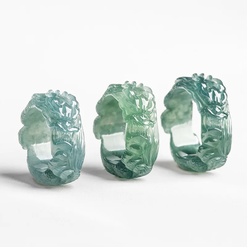 

Natural High-end Blue Water Jadeite Three-dimensional Carved Dragon King Ring Jade Men's Dragon Ring Birthday Party Holiday Gift