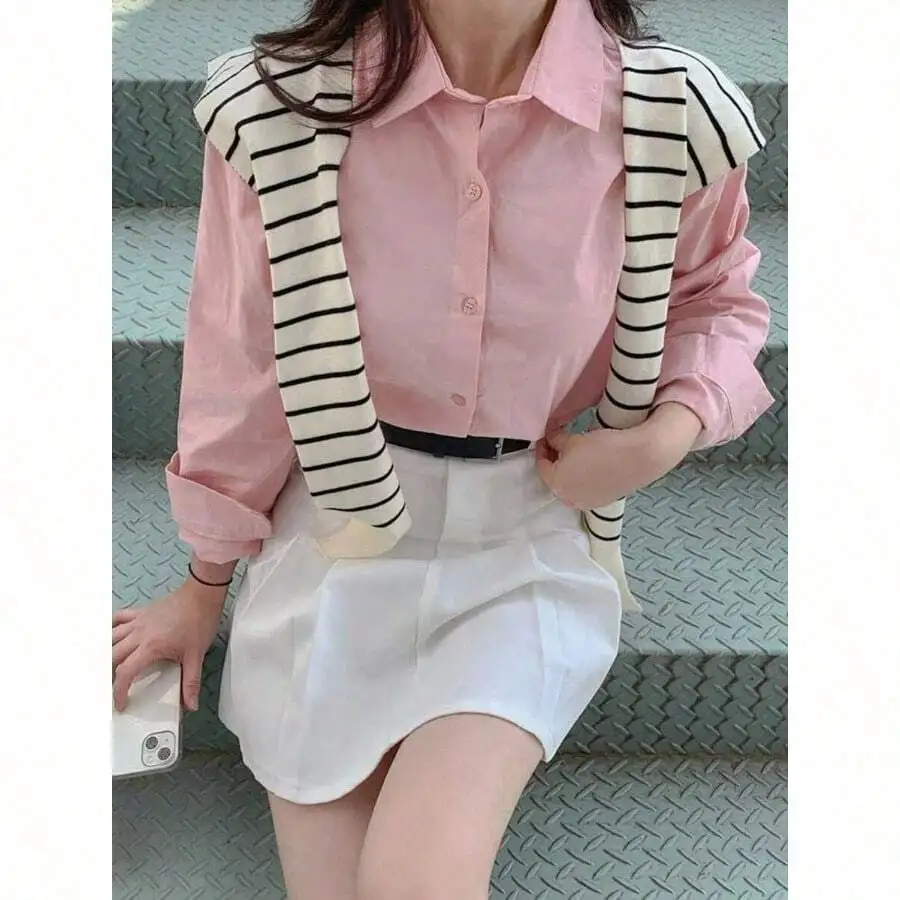 

Womens Pink Loose Casual Button Front Long Sleeve Shirt With Striped Knit Accent
