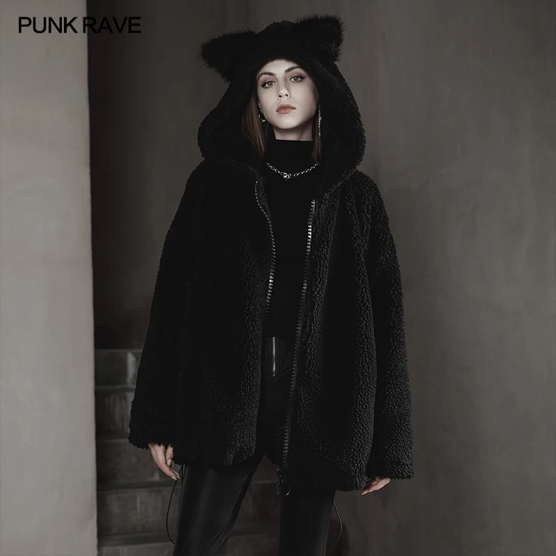 PUNK RAVE Women's Gothic Woolly Loose Medium Length Sweater Coat Coral Velvet Lining Doubles Warmth Personality Jacket