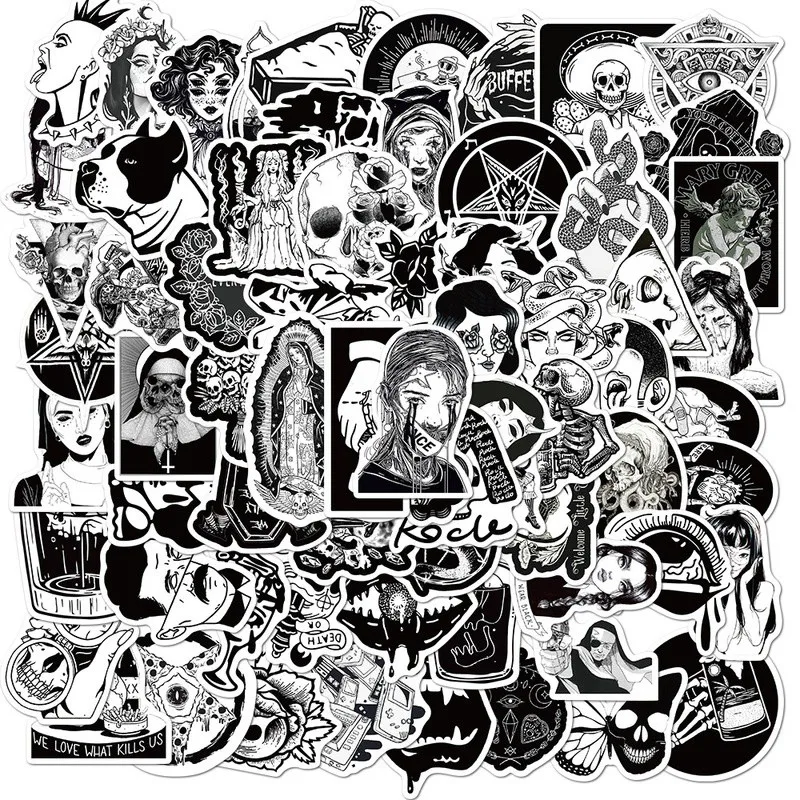 100PCS Black And White Punk Style Gothic Graffiti Waterproof Suitcase Trolley Case Skateboard Golden Memory Stickers Store
