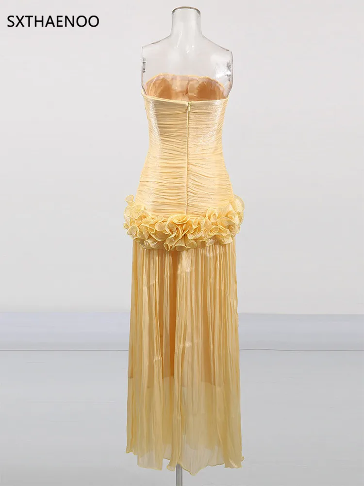 SXTHAENOO Solido Impiombato Fungo Abiti Dimagranti per Le Donne Senza Spalline Senza Maniche Patchwork Pieghe Abito Midi Abbigliamento Femminile Nuovo